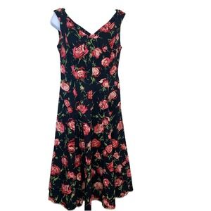 Talbots Black Pink Floral Midi Dress Sleeveless 100% Coton Flowy 2P Tropical